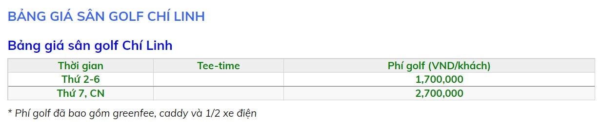Bảng giá sân golf Chí Linh