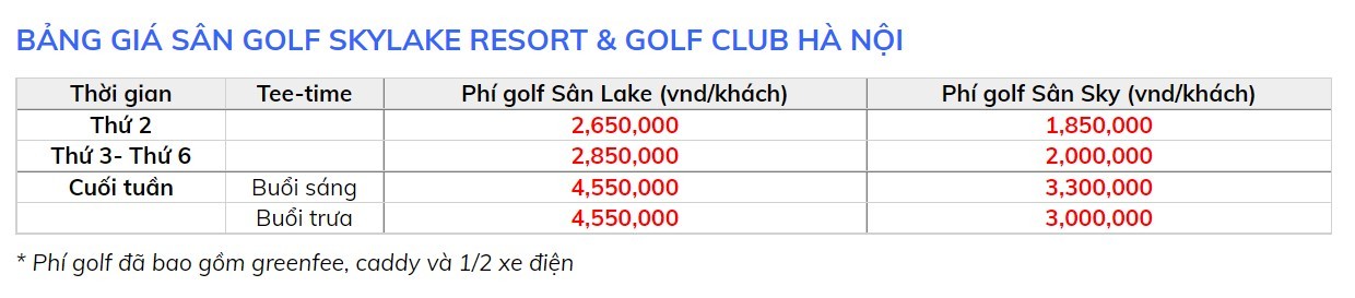 Bảng giá sân golf Sky Lake