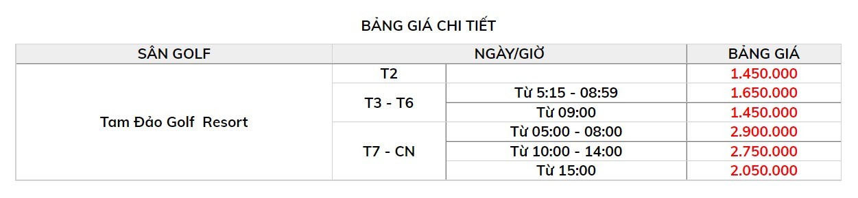 Bảng giá sân golf Tam Đảo